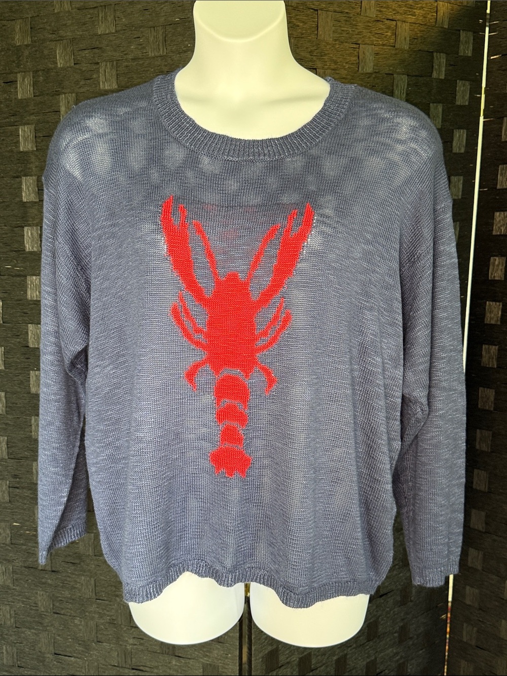 Navy Blue Crewneck Sweater with Red Lobster Graphic